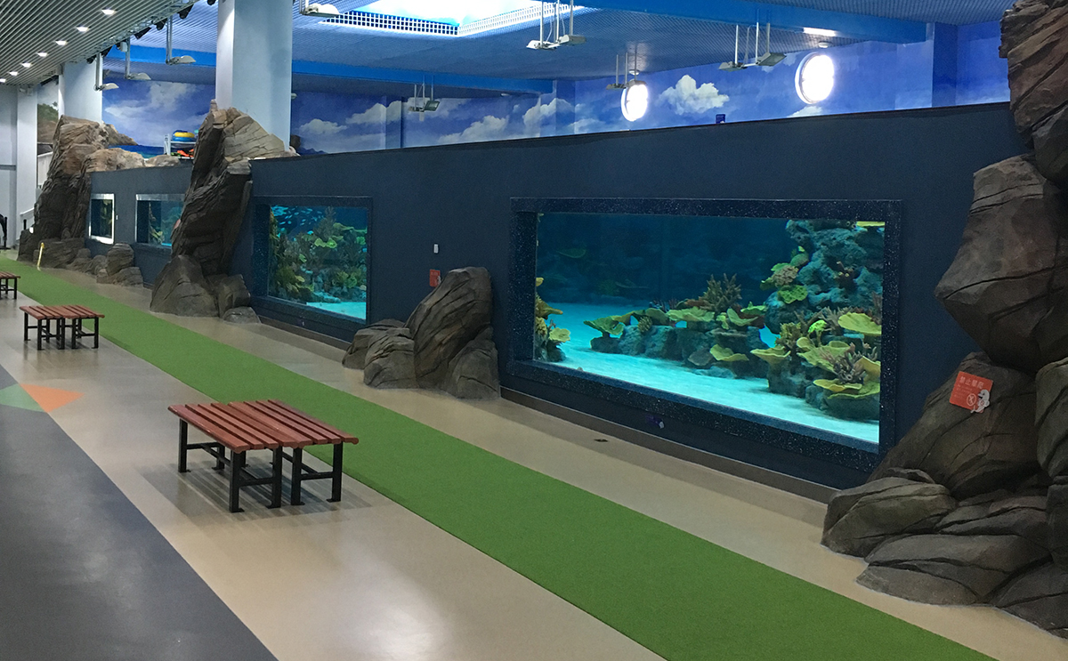 Large-format cast PMMA public aquarium viewing panels with confirmed frame interface — 120 mm panel, 1.8 m water depth