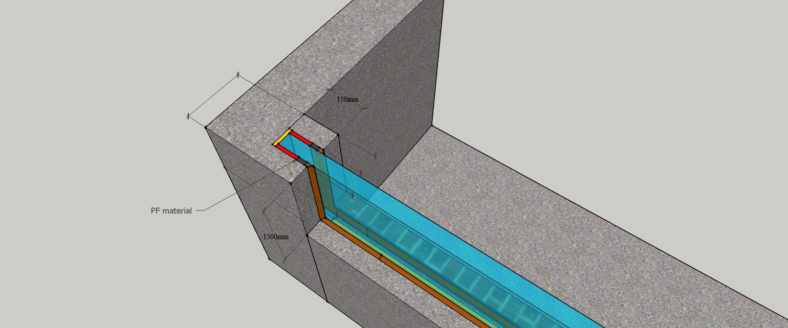 3D model showing acrylic panel interface conditions — channel seat, edge clearance, and rebate geometry for aquarium or pool viewing panel installation